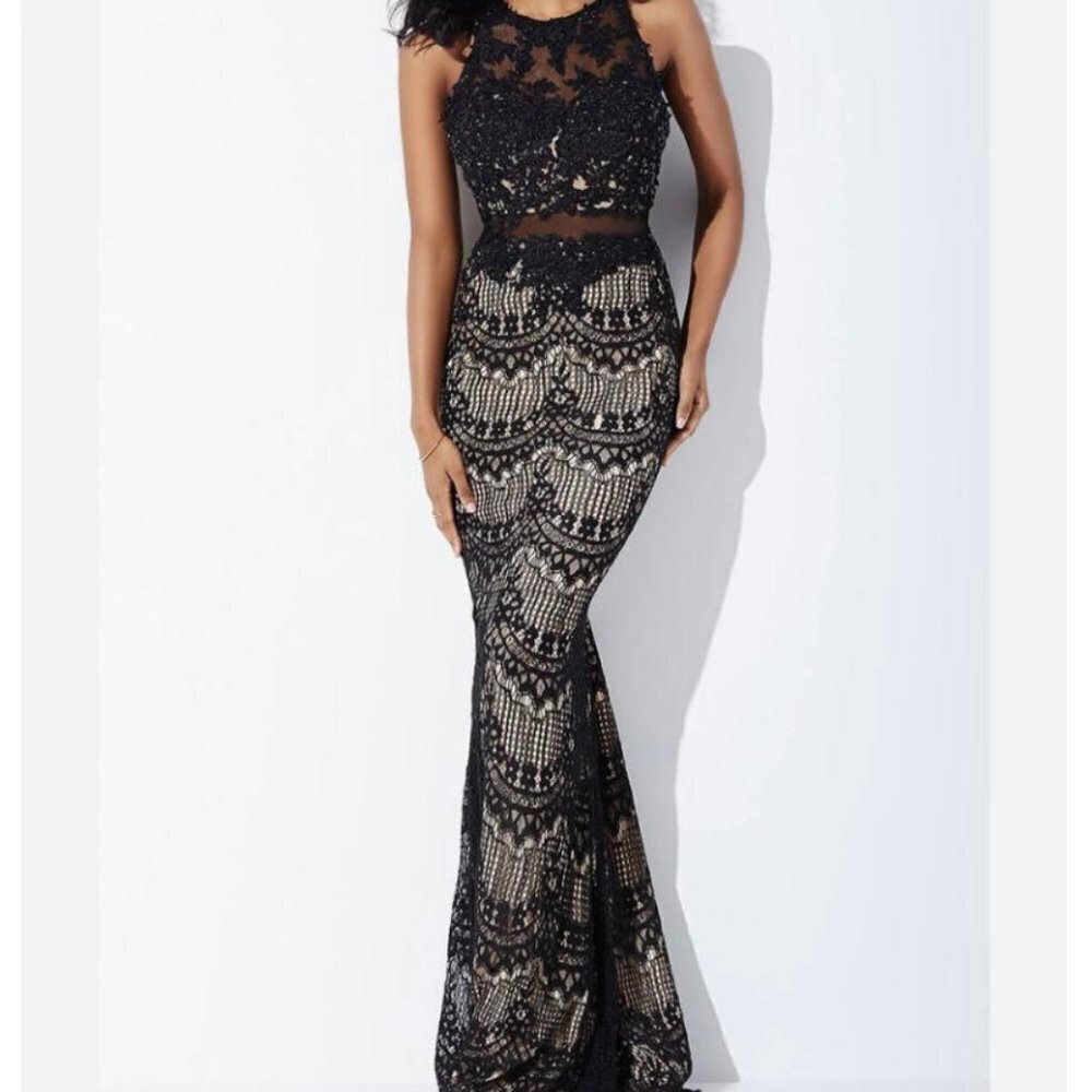 JVN by Jovani black lace beaded maxi prom dress